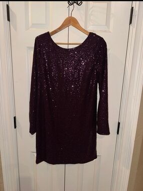 Women's Sequin Long Sleeve Dress - Deep Plum